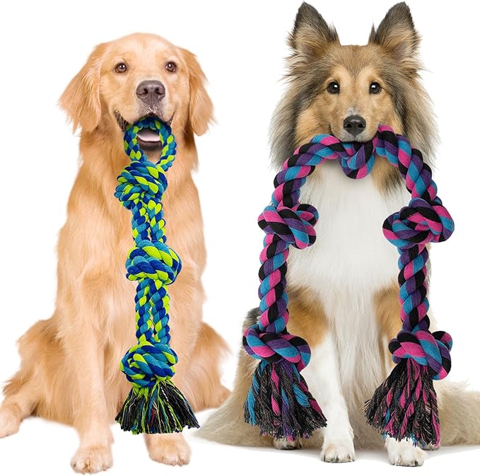 Heavy Duty Dog Rope Toys for Aggressive Chewers - 2 Pack Indestructible Tug of War Toys for Medium to Large Breeds, 100% Cotton for Boredom and Teeth Cleaning