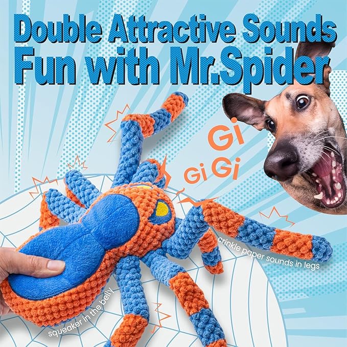 LEGEND SANDY Dog Toys for Aggressive Chewers, Large Dog Toys to Keep Them Busy, Interactive Pet Toys, Squeaky Puppies Toys, Tug of War Puppy Toy, Crinkle Doggeis Toy (Blue Spider)