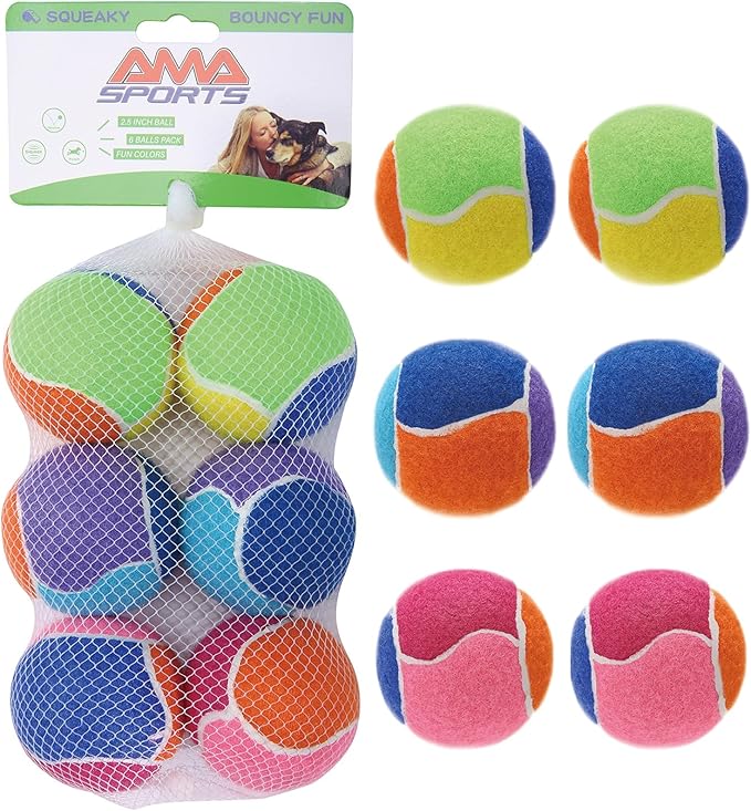 AMA SPORT Squeaky Balls for Dogs 2.5" Small Medium Dog Tennis Balls for Throwing and Fetching Dog Toys for Training, Exercise, High Bouncing 6 Pack Multicolor