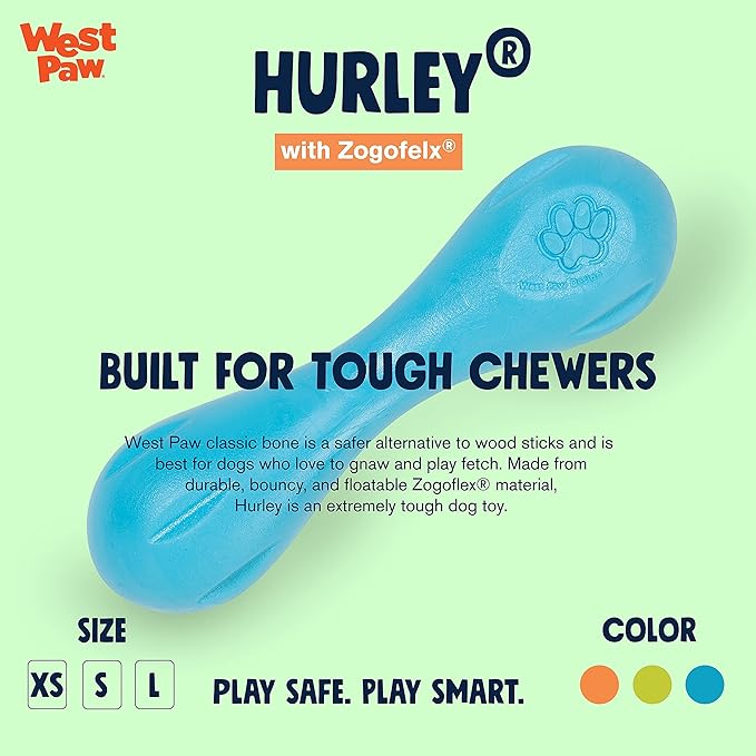 WEST PAW Zogoflex Hurley Dog Bone Chew Toy – Floatable Pet Toys for Aggressive Chewers, Catch, Fetch – Bright-Colored Bones for Dogs – Recyclable, Dishwasher-Safe, Non-Toxic, X-Small, Aqua