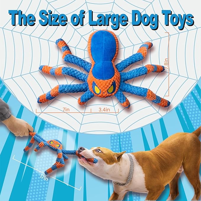 LEGEND SANDY Dog Toys for Aggressive Chewers, Large Dog Toys to Keep Them Busy, Interactive Pet Toys, Squeaky Puppies Toys, Tug of War Puppy Toy, Crinkle Doggeis Toy (Blue Spider)