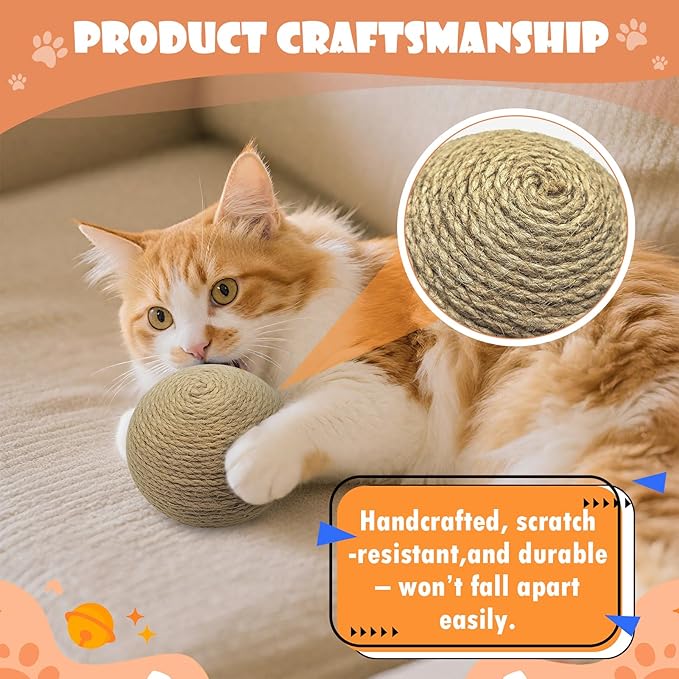 Sisal Cat Ball Toy, 3.94-inch Interactive Natural Cat Scratching Ball, Perfect Scratcher for Indoor Cats' Exercise and Fun