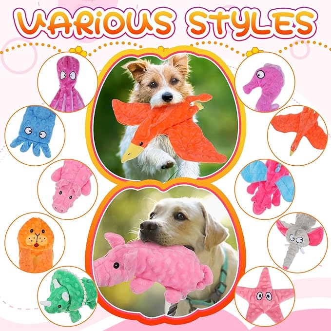 Sratte 10 Pcs Soft Dog Squeaky Toys No Stuffing Crinkle Dog Toy for Aggressive Chewers Durable Plush Teething Puppy Squeak Animals Chew for Small Medium Large Pets, 10 Styles(Assorted Style)