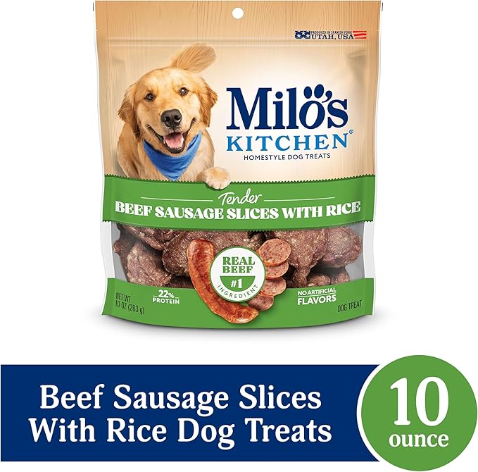 Milo's Kitchen Homestyle Dog Treats, Beef Sausage Slices, 10 Ounce, High Protein, No Artificial Flavors