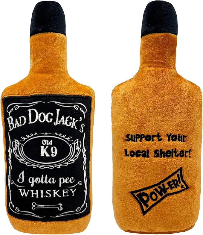 Huxley & Kent Funny Dog Toys w/Squeaker & Crinkl -Stimulating & Interactive Chew Toy for Dogs - Mesh Lined Stuffed Doggie Toy - Easy to Clean Doggie Toys for All Breeds (Bad Dog Jack's Whiskey,Small)