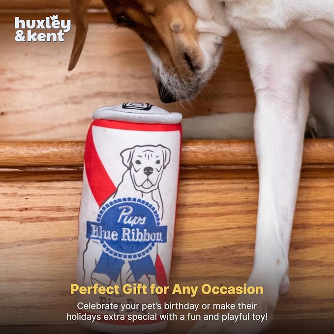 Huxley & Kent Funny Dog Toy w/Squeaker – Power Plush Squeaky Dog Toys for Small, Medium & Large Dogs – Soft Stuffed Animal for Indoor Play & Fetch - Pups Blue Ribbon, Small