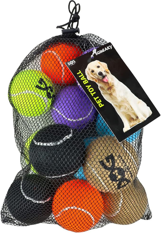 Squeaky Tennis Balls for Dogs - 12 Pack 2.5'' Durable Non-Toxic Outdoor Dog Toys Balls with Mesh Bag, SGS Certified, Colorful Fetch Toys, Medium Large Breeds