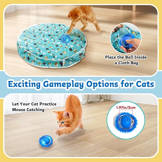 Interactive Cat Toys for Indoor Cats - Automatic Cat Toys for Bored Indoor Adult Cats in Pouch, Rechargeable Motion Activate Bird Chirping Hide and Seek Kitten Ball Toy, Mouse Catching Game for Kitten