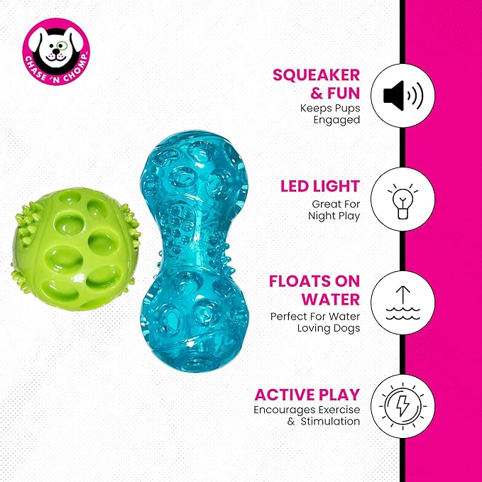 Chase 'n Chomp Squeak and Light Up Ball and Dumbbell Dog Toy, Mental & Physical Stimulation, Small, 2 Pack
