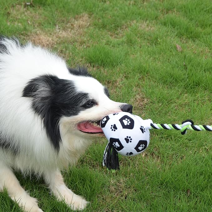 QDAN Dog Soccer Ball for Dogs, Durable Outdoor Dog Toys, Plush Dog Balls, Rope Birthday Toys for Small to Large (Black)