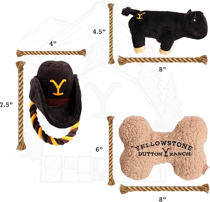 design LAB, Inc. Official Yellowstone Merchandise | Dutton Ranch Toy Bundle - Variety Gift Set | Toys Include Plush Cow, Bone Shaped Squeaky Plush, and Cowboy Hat with Tug Rope for Dogs