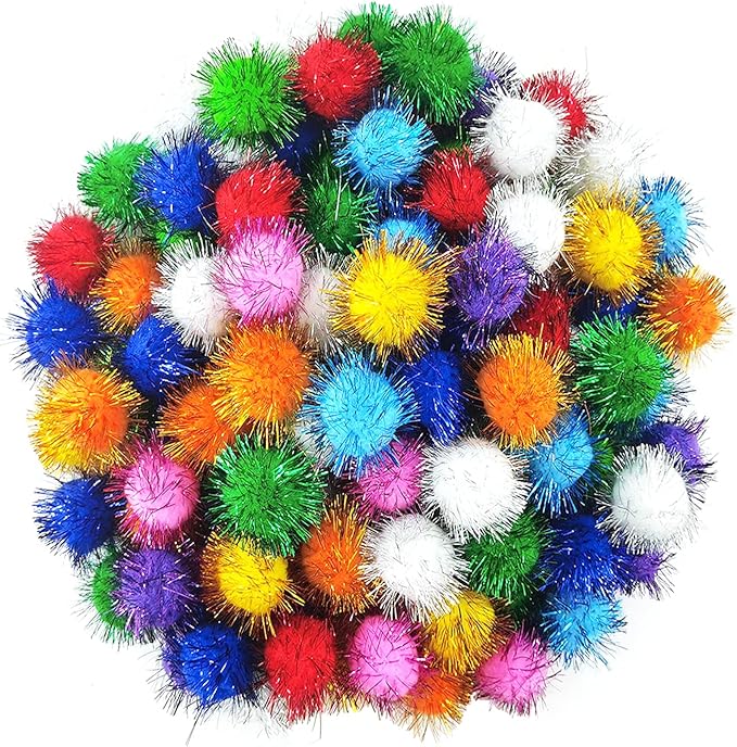 1.8 Inch Assorted Color Flash Ball Cat's Favorite Toy Ball Tinsel Pom Poms Flash for Kittens Exercise and Multiple Cats Play and Chase, 100Pcs