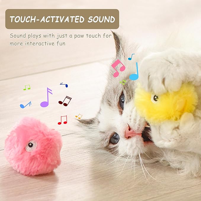 Cat Toy Balls with Sound, Chirping Cat Toys with Catnip, 3 Pcs Fluffy Plush Toy Balls, Interactive Kitten Toys for Indoor Cats (Bird+Frog+Crickets, Plush)