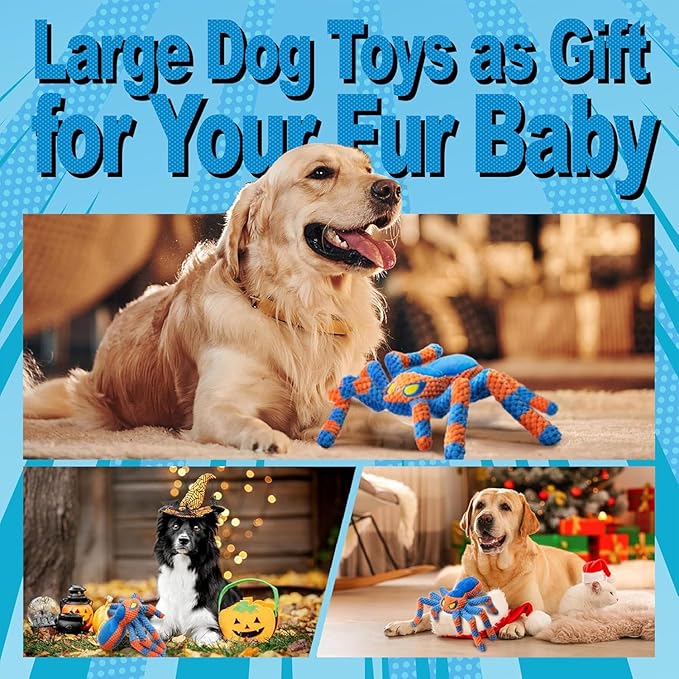 LEGEND SANDY Dog Toys for Aggressive Chewers, Large Dog Toys to Keep Them Busy, Interactive Pet Toys, Squeaky Puppies Toys, Tug of War Puppy Toy, Crinkle Doggeis Toy (Blue Spider)