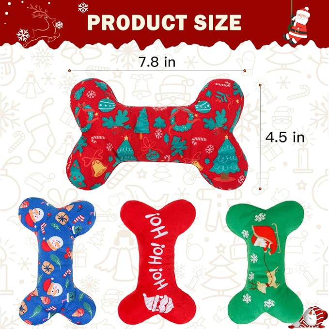 SCENEREAL Christmas Dog Toy Pack 4, Durable Cute Interactive Dog Stuffed Plush Squeaky Toys with Squeaker, Pet Chew Toys for Small Medium Dogs Puppies Bone Shape