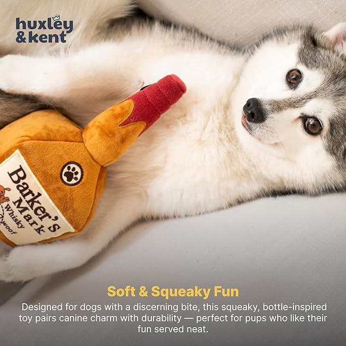Huxley & Kent Funny Dog Toy w/Squeaker – Power Plush Squeaky Dog Toys for Small, Medium & Large Dogs – Soft Stuffed Animal for Indoor Play & Fetch - Barker's Mark, Small