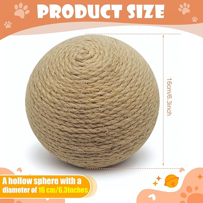 Sisal Cat Ball Toy, Large 6.3-inch Interactive Natural Cat Scratching Ball, Perfect Scratcher for Indoor Cats' Exercise and Fun