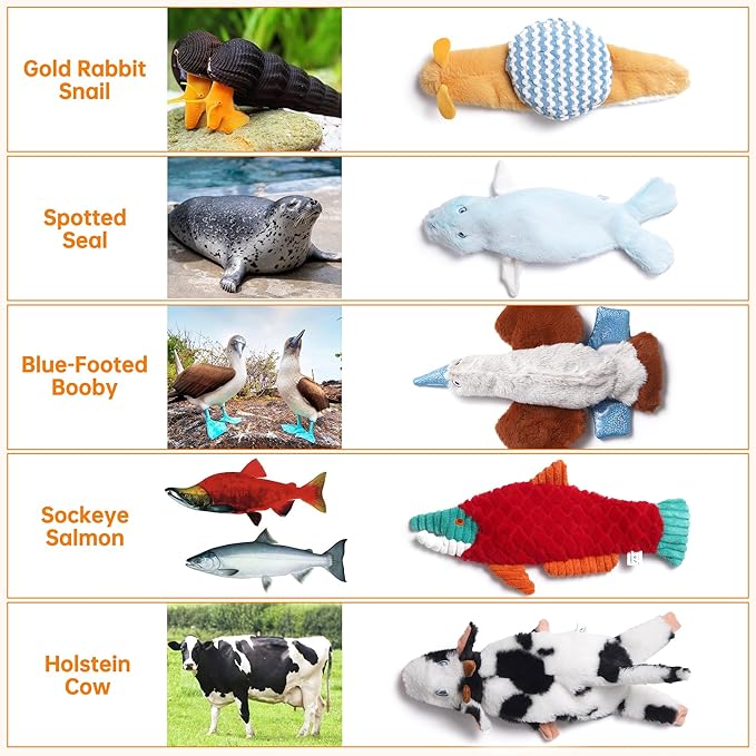 Nocciola Dog Toys 5-Pack, Stuffing-Free Squeaky Crinkle Plush Toys for Small Medium Large Dogs, Inspired by Rare Land, Sea & Air Animals, Durable Chew Toys for Boredom & Anxiety Relief