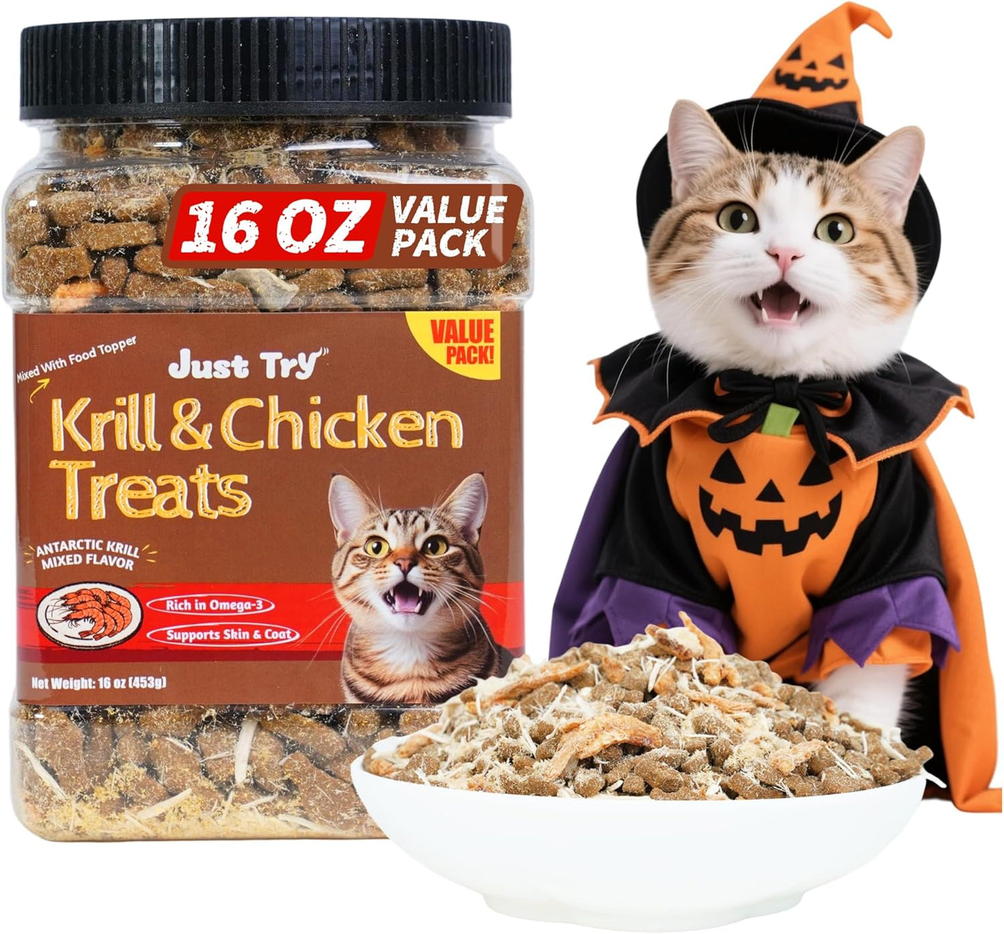 Just Try 16 OZ Krill & Chicken Cat Treats - Freeze-Dried Shrimp Snacks with Omega-3, Crunchy Cat Treats for Skin & Coat Health, Dental Care & Training Treats