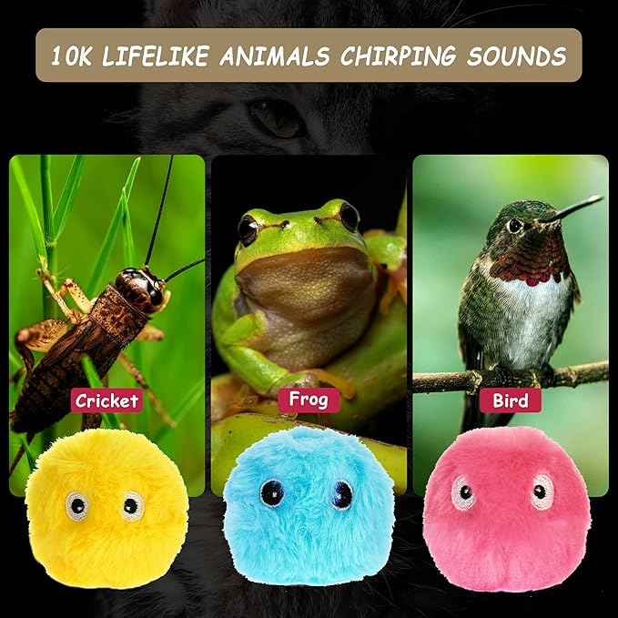 Cat Toy Balls with Sound, Chirping Cat Toys with Catnip, 3 Pcs Fluffy Plush Toy Balls, Interactive Kitten Toys for Indoor Cats (Bird+Frog+Crickets, Plush)