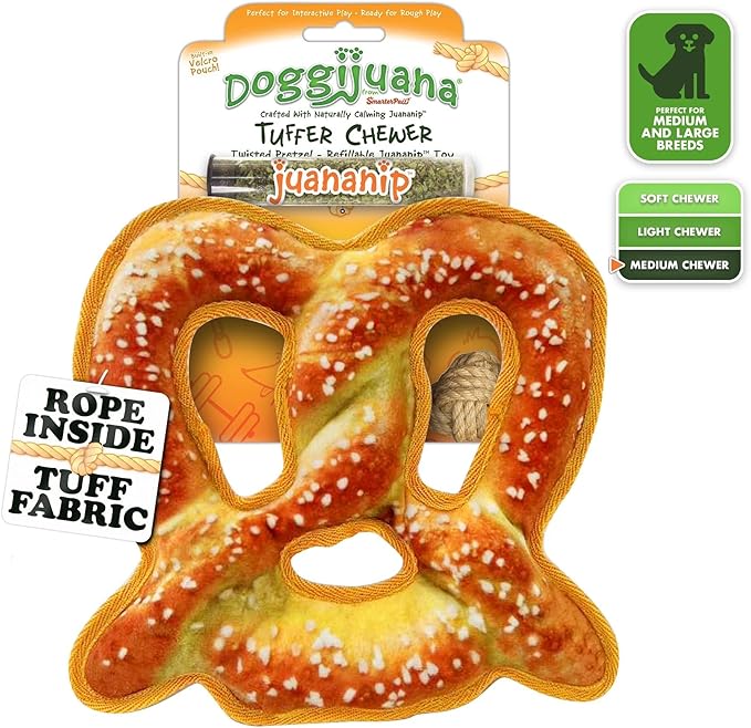 Doggijuana Tuffer Chewer Plush Dog Toy | Funny Dog Toy Plush with Juananip Catnip for Dogs | Calming Aid for Dogs | Interactive Squeaky Chew Toy for Play (Pretzel)