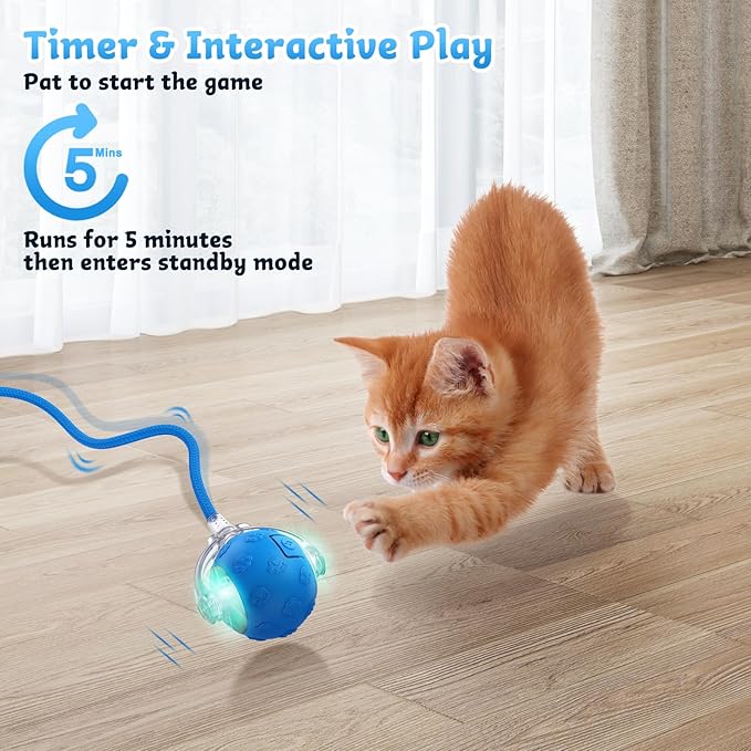 Interactive Cat Toys for Indoor Cats, 2025 New Upgraded Moving Cat Ball with Chirping Sound, Rechargeable Fast Rolling Ball, Fun Automatic Kitten Toys for Bored Adult Kitten Exercise, Blue