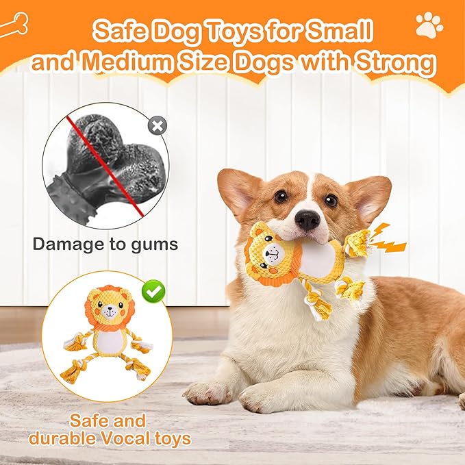 Dog Squeak Plush Toys, Cute, Funny, Durable Fabric Rope Dog Toy for Small, Medium Pets, Indoor and Outdoor, Ideal Pet Gift, Lion