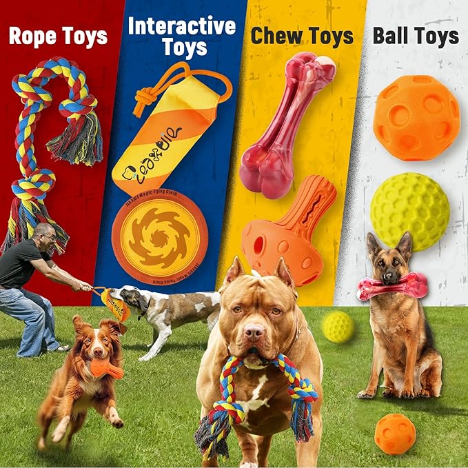 Zeaxuie 12 Pack Heavy Duty Various Dog Chew Toys Pack for Aggressive Chewers - Includes Large Rope Toys, Squeaky Toys & Indestructible Chew Bone for Medium, Large & X-Large Dogs (for Super Chewers)