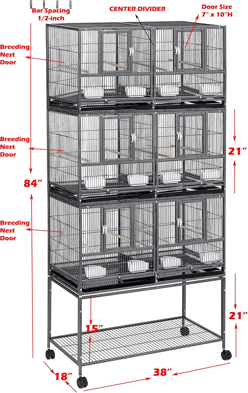 1/2/3-Combo Stacker Center Divided Breeder Breeding Bird Flight Double Rolling Cage for Aviaries Canaries Cockatiels Lovebirds Finches Budgies Small Parrots (White Vein, Three Stacker)