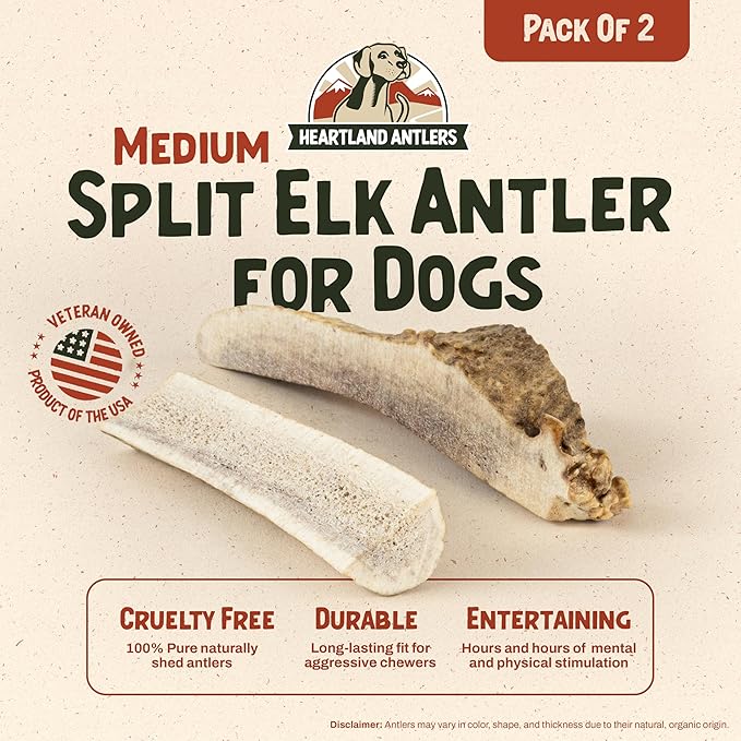Heartland Elk Antlers for Dogs - Daily Dental Care Chews for Aggressive Chewers to Reduce Plaque & Prevent Destructive Behavior (Split, 5–6", Medium, 2-Pack, Grade A, USA Made)