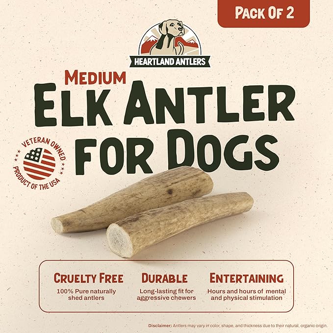 Heartland Elk Antlers for Dogs - Daily Dental Care Chews for Aggressive Chewers to Reduce Plaque & Prevent Destructive Behavior (Whole, Splinter Free, 5-6", Medium, 2-Pack, Grade A, USA Made)