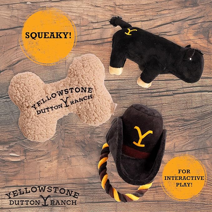 design LAB, Inc. Official Yellowstone Merchandise | Dutton Ranch Toy Bundle - Variety Gift Set | Toys Include Plush Cow, Bone Shaped Squeaky Plush, and Cowboy Hat with Tug Rope for Dogs