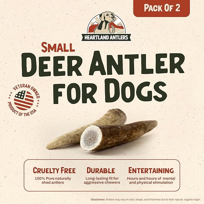 Heartland Deer Antlers for Dogs - Daily Dental Care Chews for Aggressive Chewers to Reduce Plaque & Prevent Destructive Behavior (Small, 4–5, 2-Pack, Grade A, USA Made)