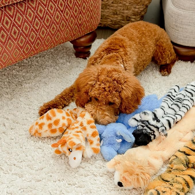 Squeaky No Stuffing Dog Toy Set – New & Improved Edition Plush Crinkle Dog Toys for Small, Medium & Large Breeds – Soft Tough Stuffless Puppy Chew Squeak Animal Supports Pet Health & Well Being 5 Pack