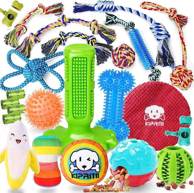 KIPRITII 23 Pack Dog Toys for Puppy Teething, Assorted Puppy Chew Toys for Boredom with Rope Toys, Treat Balls and Dog Squeaky Toy for Puppy & Small Dogs