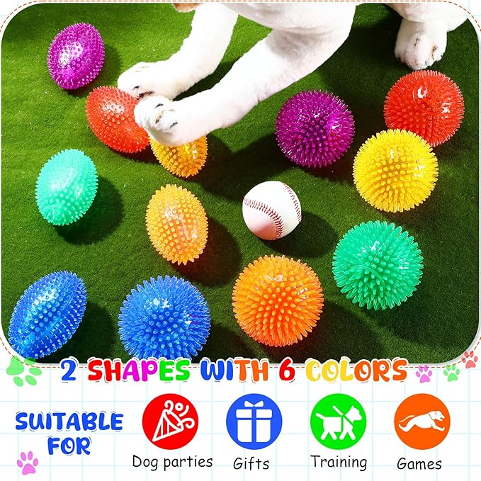 12 Pcs 4.5'' Squeaky Dog Ball and Spiky Squeaker Football for Aggressive Chewers Medium Large Dogs Toys Heavy Duty Teething Toys for Training Cleaning Teeth Indoor Outdoor