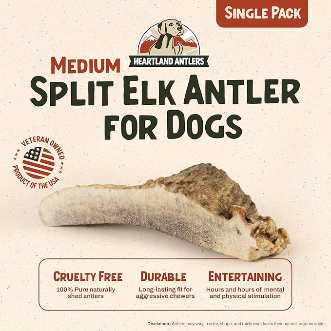 Heartland Elk Antlers for Dogs - Daily Dental Chews for Medium Aggressive Chewers to Promote Healthy Teeth & Prevent Destructive Behavior (Split Elk, 5-6", 1-Pack, Grade A, Odor-Free, USA Made)