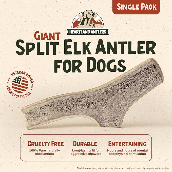 Heartland Elk Antlers for Dogs - Daily Dental Care Chews for Aggressive Chewers to Reduce Plaque & Prevent Destructive Behavior (Split, Splinter Free, 9", Giant, 1-Pack, Grade A, USA Made)