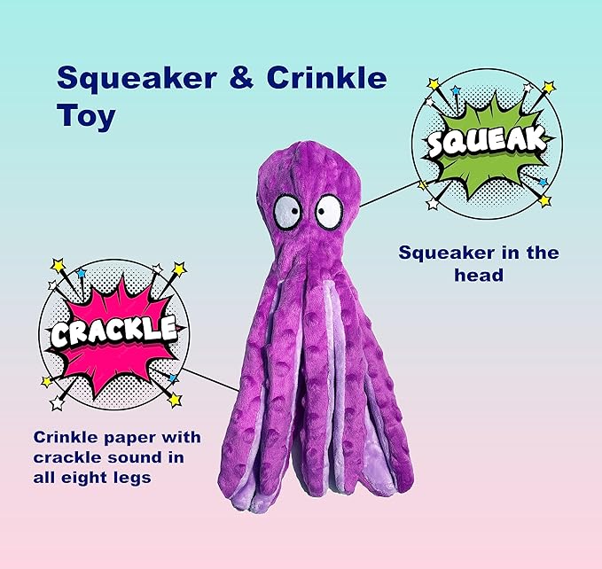Squeaky Octopus Dog Toys for Small, Medium & Large Breeds - Durable & Soft Crinkle Plush Toys to Keep Dogs Busy - Blue & Purple Octopus 2pack