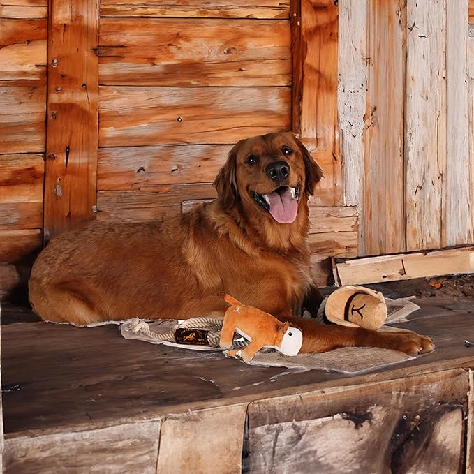 design LAB, Inc. Official Yellowstone Merchandise | Indoor Dog Toy Bundle Variety Gift Set | Lasso Rope, Plush Squeaky Brown Cow, and Cowboy Toy Hat with Tug Rope