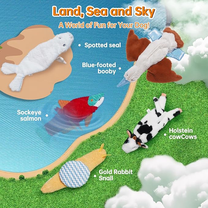 Nocciola Dog Toys 5-Pack, Stuffing-Free Squeaky Crinkle Plush Toys for Small Medium Large Dogs, Inspired by Rare Land, Sea & Air Animals, Durable Chew Toys for Boredom & Anxiety Relief