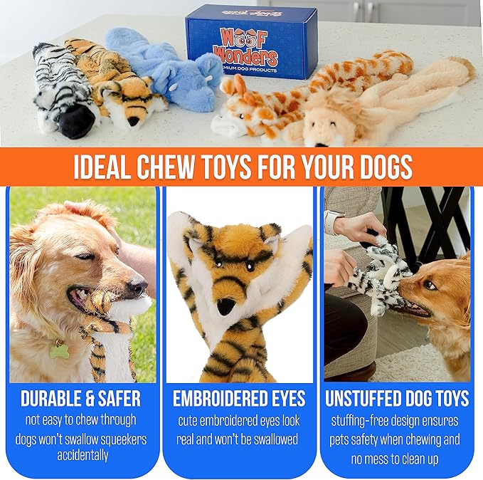 Squeaky No Stuffing Dog Toy Set – New & Improved Edition Plush Crinkle Dog Toys for Small, Medium & Large Breeds – Soft Tough Stuffless Puppy Chew Squeak Animal Supports Pet Health & Well Being 5 Pack
