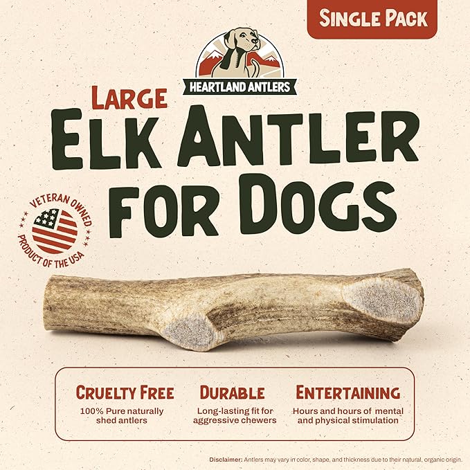 Heartland Elk Antlers for Dogs - Daily Dental Care Chews for Aggressive Chewers to Reduce Plaque & Prevent Destructive Behavior (Splinter Free, Whole, 7", Large, 1-Pack, Grade A, USA Made)
