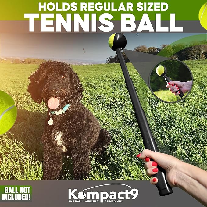 Kompact9 | Retractable Pocket-Sized Ball Launcher, Eco-Friendly & Portable Dog Fetch Toy, Made from Recycled Plastic, UK Designed, Fits Standard Tennis Balls Perfect Dog Exercise Equipment | Black