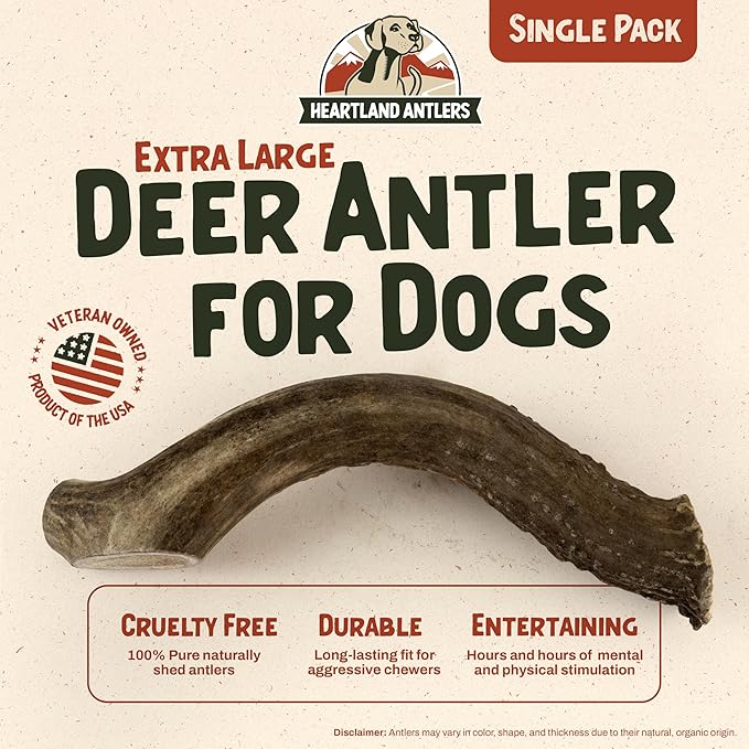 Heartland Deer Antlers for Dogs - Daily Dental Care Chews for Aggressive Chewers to Reduce Plaque & Prevent Destructive Behavior (X-Large, 8-10", 1-Pack, Grade A, USA Made)