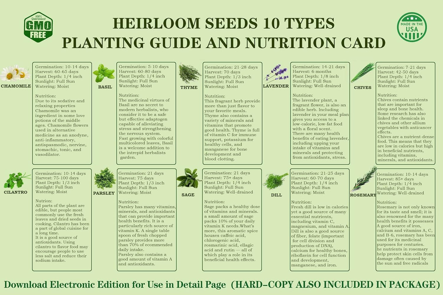 10 Herb Seeds Garden Starter Grow Kit with Green Pots, Markers, Nutritional Soil, Watering, Herb Clipper, Complete Indoor Potted Plant Growing Set for Kitchen DIY