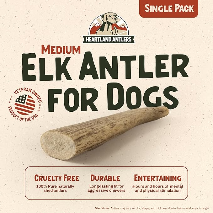 Heartland Elk Antlers for Dogs - Daily Dental Care Chews for Aggressive Chewers to Reduce Plaque & Prevent Destructive Behavior (Whole, Splinter Free, 5-6", Medium, 1-Pack, Grade A, USA Made)