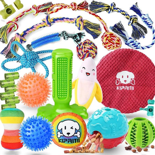 KIPRITII 25 Pack Various Puppy Dog Toys for Teething, Entertainment & Interaction, Puppy Chew Toys Pack with Rope Toy, Treat Balls and Dog Squeaky Toys for Puppies & Small Dogs