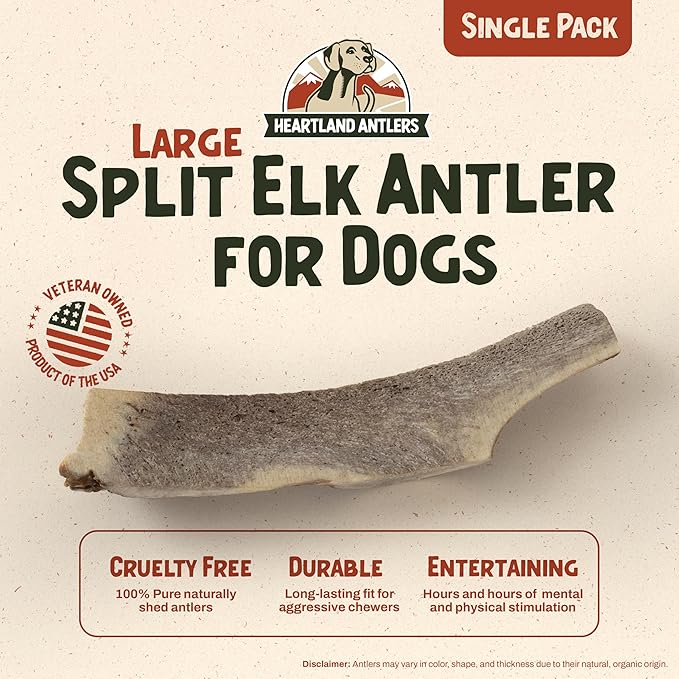 Heartland Elk Antlers for Dogs - Daily Dental Care Chews for Aggressive Chewers to Reduce Plaque & Prevent Destructive Behavior (Splinter Free, 7", Large, 1-Pack, Grade A, USA Made)