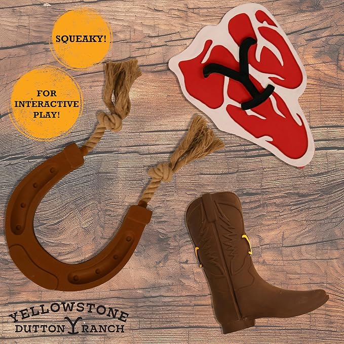 design LAB, Inc. Official Yellowstone Merchandise | Toy Bundle - Variety Gift Set for Yellowstone Fans with Dogs | Squeaky Toys Include Branded Beef Steak, Western Horseshoe, and Cowboy Boot